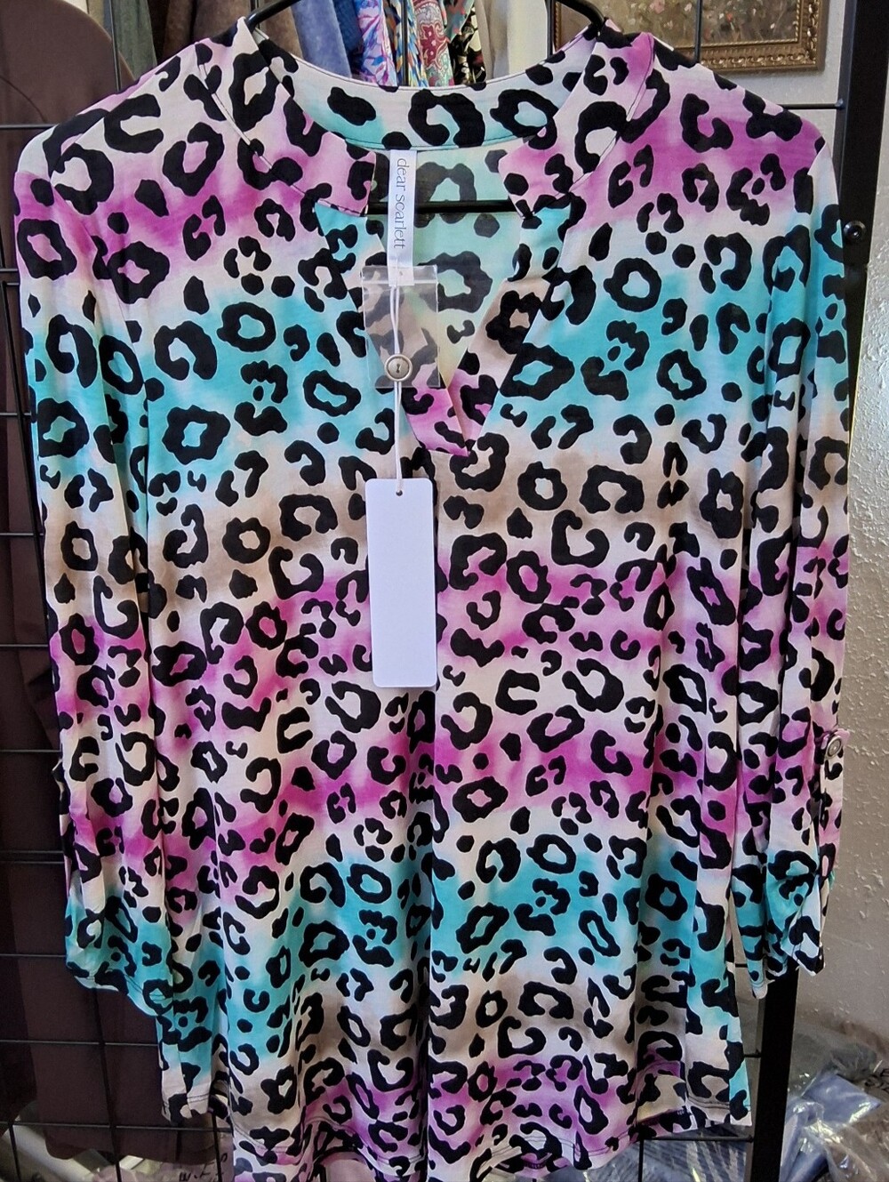 Dear Scarlett -Leopard Print V-Neck Tunic Top - Pink & Teal